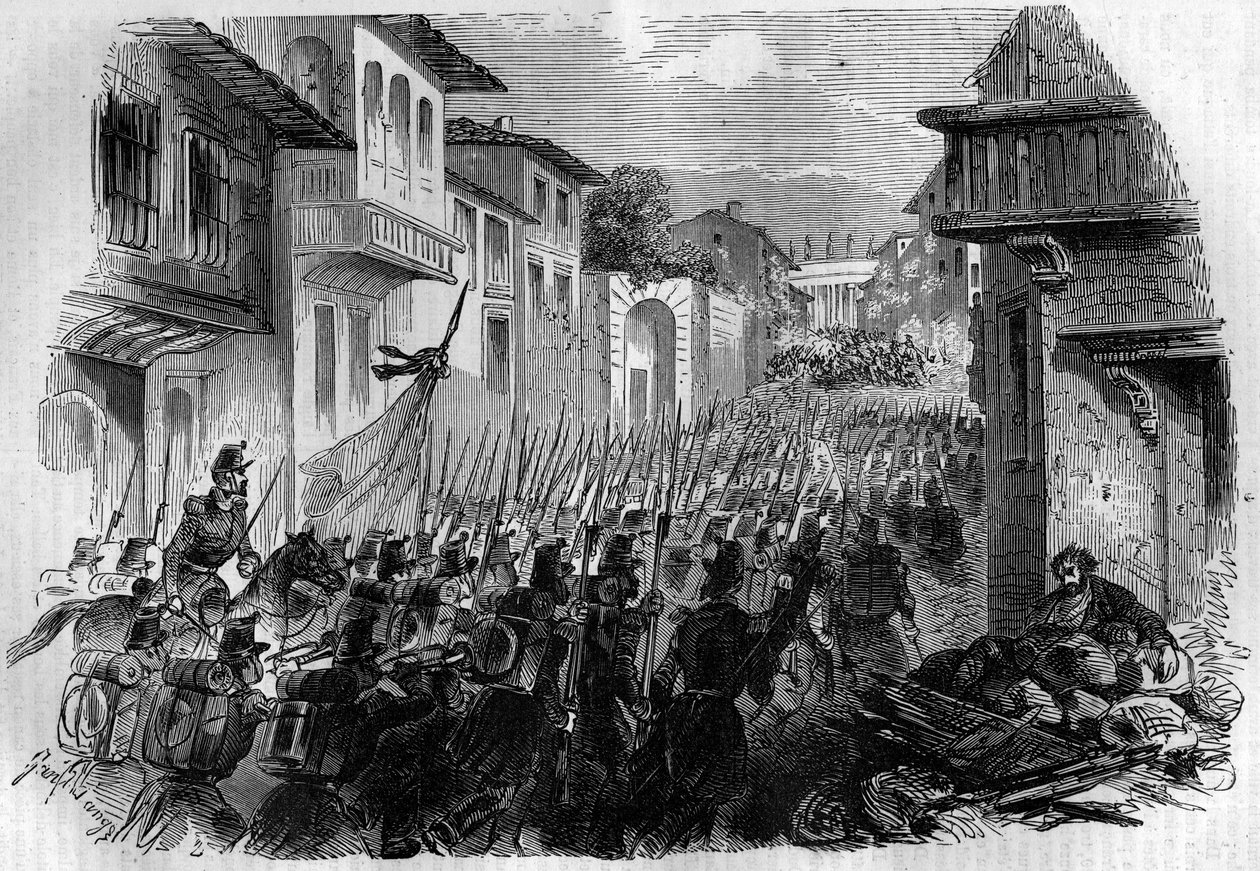 A defesa de Roma contra o exército francês. O General Oudinot tomou Roma na Batalha do Janicule em 30 de junho de 1849 e perseguiu os revolucionários em julho para responder ao Papa Pio IX. Gravação no "Histoire des Papes-Rois-Queen and Empereurs a travess de French School