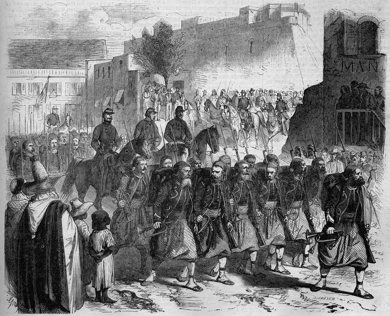 Desfigurar o 2º Zouaves, de volta de Kabylie, em frente ao General de Montauban. Oran, Argélia de French School
