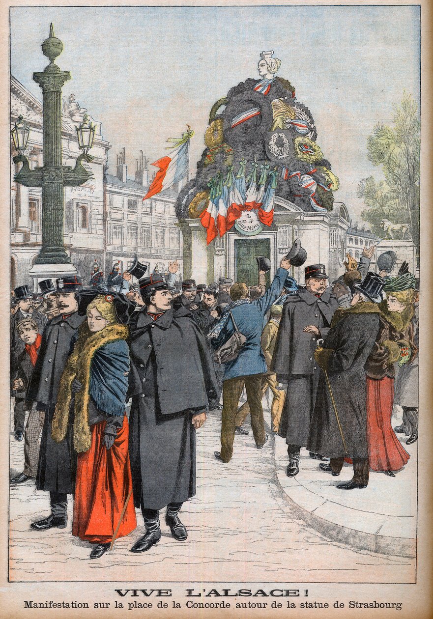 Manifestação apelando ao regresso da Alsácia a França. Manifestações em torno da estátua de Estrasburgo, na Place de la Concorde, em Paris. Viva a Alsácia! Manifestação na Place de la Concorde em redor da estátua de Estrasburgo. Ilustração para "L de French School