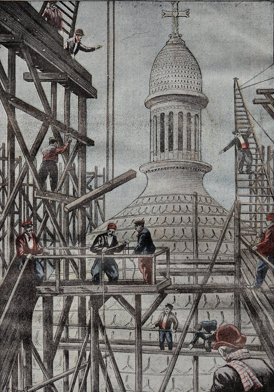Demonstração de andaimes revelando o fim da construção da cúpula da Basílica de Montmartre. Gravura em "Le Pelerin" 17/12/1899. de French School