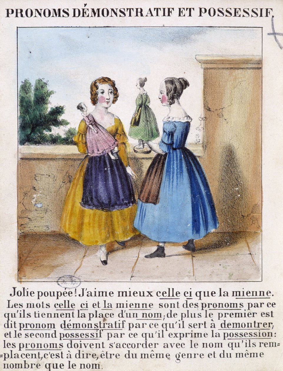 Pronomes demonstrativos e possessivos (2 meninas brincando com bonecas) - em "La grammaire en images" (A gramática em imagens) de French School