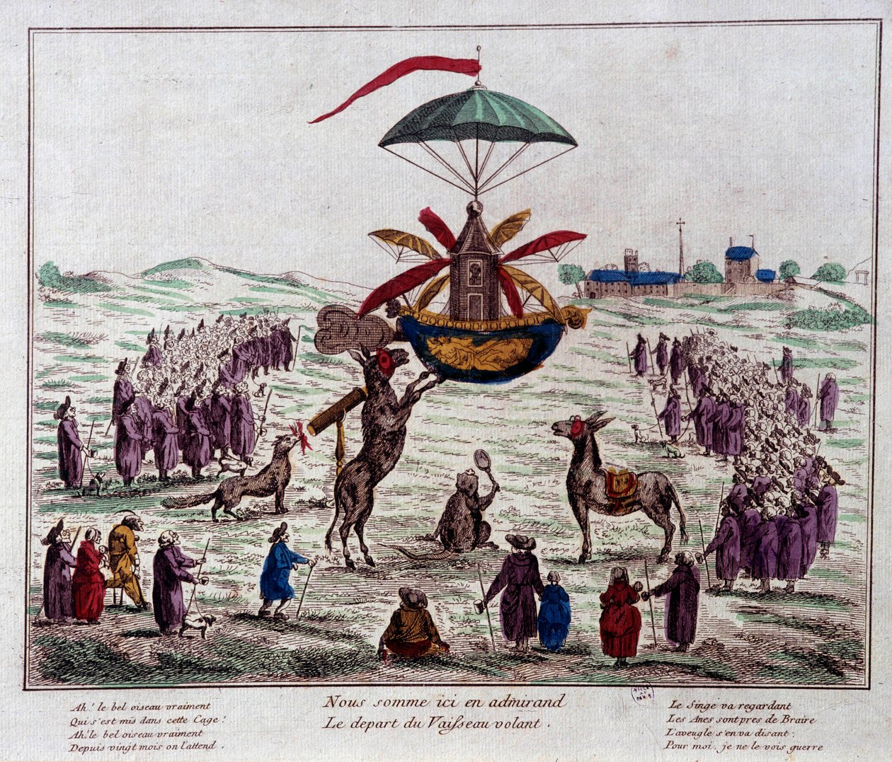 Partida do navio voador de sátira na máquina voadora imaginada por Jean-Pierre Blanchard (1753-1809): burros, macacos e cegos olham para a estranha máquina equipada com seis asas e um leme. Gravura do final do século XVIII. Paris, Carneiro Musee de French School
