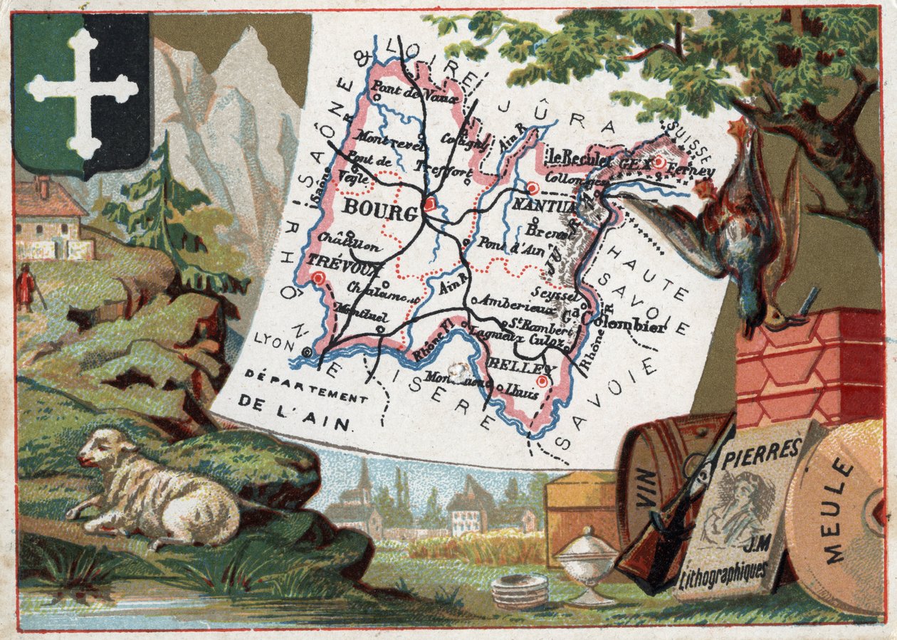 Departamento de Ain (01), Rhone-Alpes (Rhône-Alpes), França. Especialidade local: criação, caça, vinho, moinho e litografia. Série sobre os Departamentos franceses. Chromolitografia (Chromo) "o fio geográfico", cerca de 1920. Colecção privada. de French School