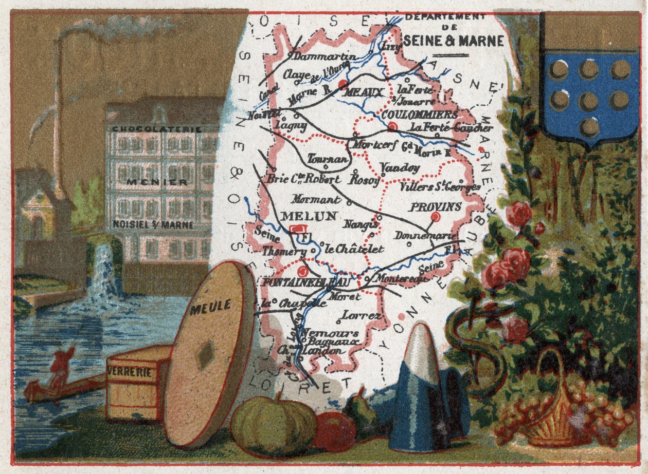 Departamento de Seine e Marne (Seine-Et-Marne, 77), Ile de France (Ile-De-France), França. Especialidade local: fábrica de chocolate Menier chocolaterie em Noisiel sur Marne (Noisiel-sur-Marne), vidro, pedra de moinho. Série sobre os Departamentos francese de French School