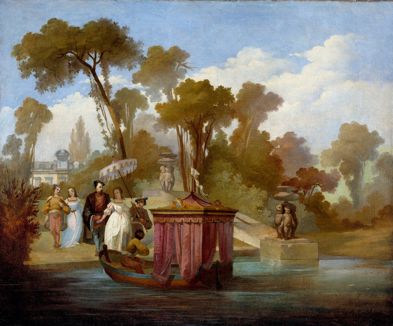 Partida para o passeio (no século XVI). Um casal à espera de entrar num barco com um dossel. Pintura anónima da escola francesa de French School