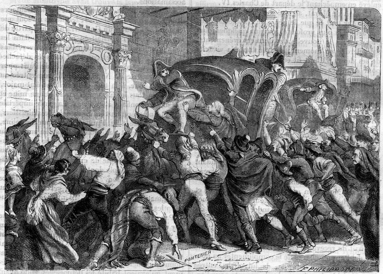 Partida do Rei Fernando VII para Bayonne 1808 (Abdicações de Bayonne) - Partida para a Entrevista de Bayonne (1808) - O povo de Vittoria em Espanha quer impedir a partida de Fernando VII para Bayonne - em "História do império seguindo o h de French School