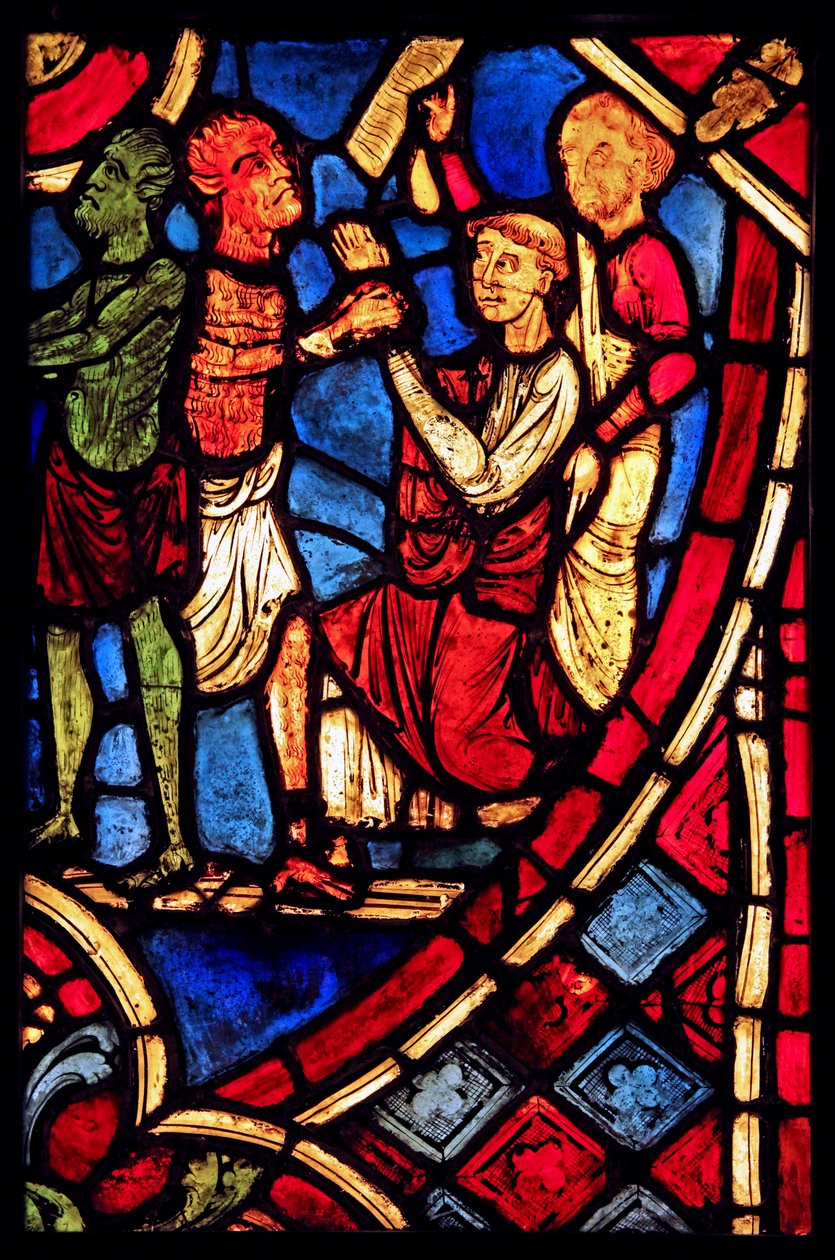 Representar Teófilo faz um pacto com um demônio; da igreja de Varennes-Jarcy (originalmente da Abadia de Gercy) de French School