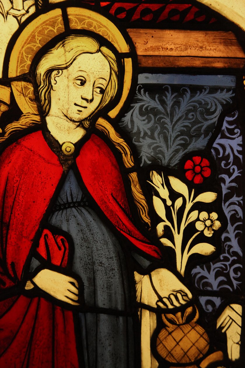 Retrato de um detalhe da Virgem Maria na Anunciação, originalmente do Alto Reno (vidro manchado) de French School