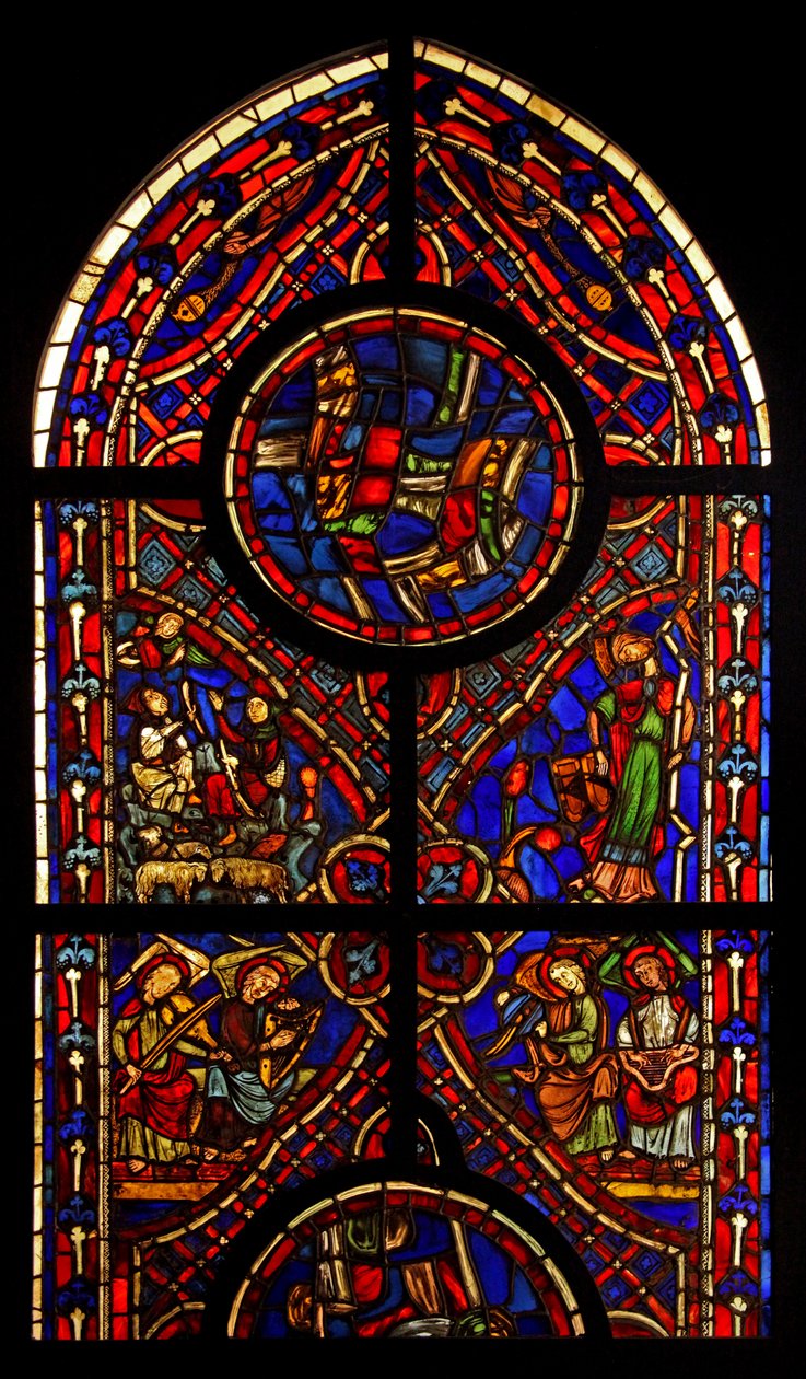 Retratando uma parte de uma janela da igreja de Varennes-Jarcy (originalmente da Abadia de Gercy); cenas incluem a Anunciação aos Pastores, a Sinagoga e os anjos músicos (vitrais) de French School
