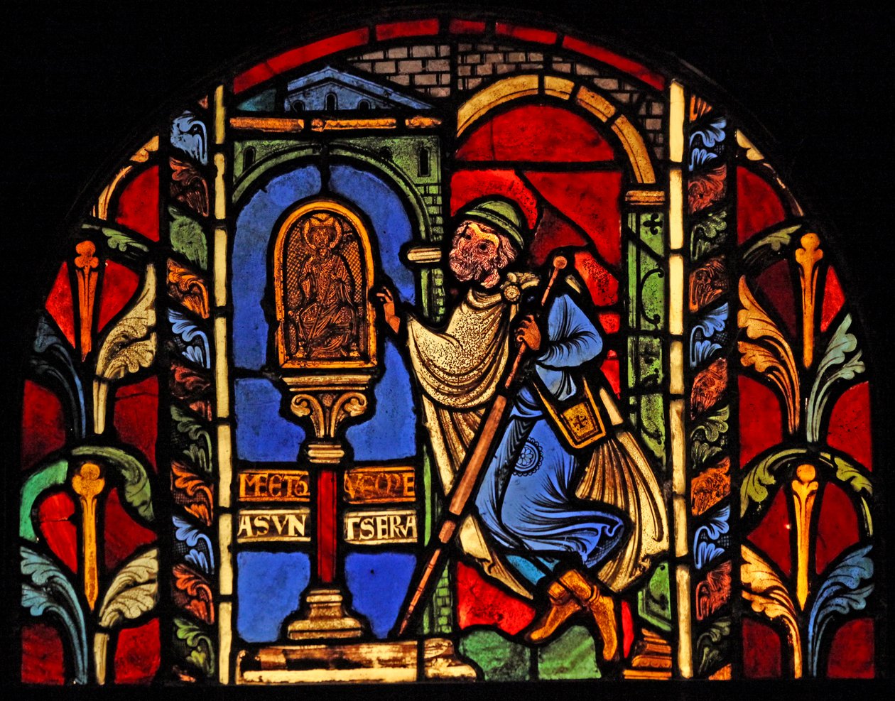 Retratando uma cena da vida de São Nicolau, ex Troyes Cathedral: um mutuário perdeu seu dinheiro e vai para a estátua de St Nichoas, que supervisiona tais assuntos de French School