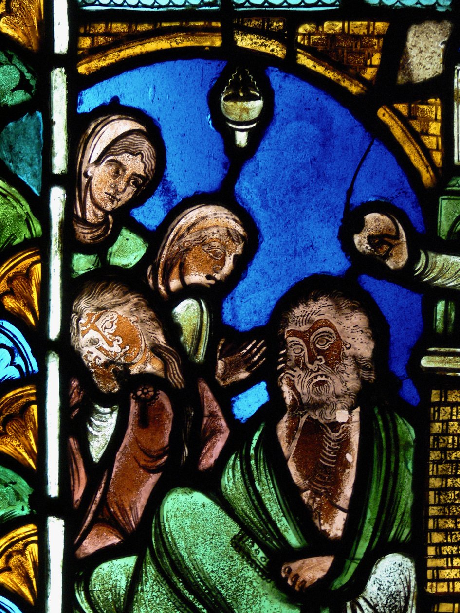 Retratando uma cena da vida de São Nicolau, ex Catedral de Troyes: o santo deixa dinheiro para um homem, impedindo assim que suas filhas entrem na prostituição de French School