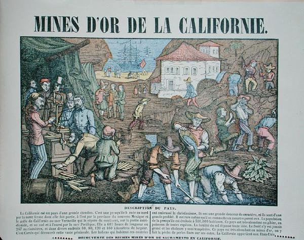 Representação das minas de ouro californianas, meados do século XIX (gravura colorida) de French School