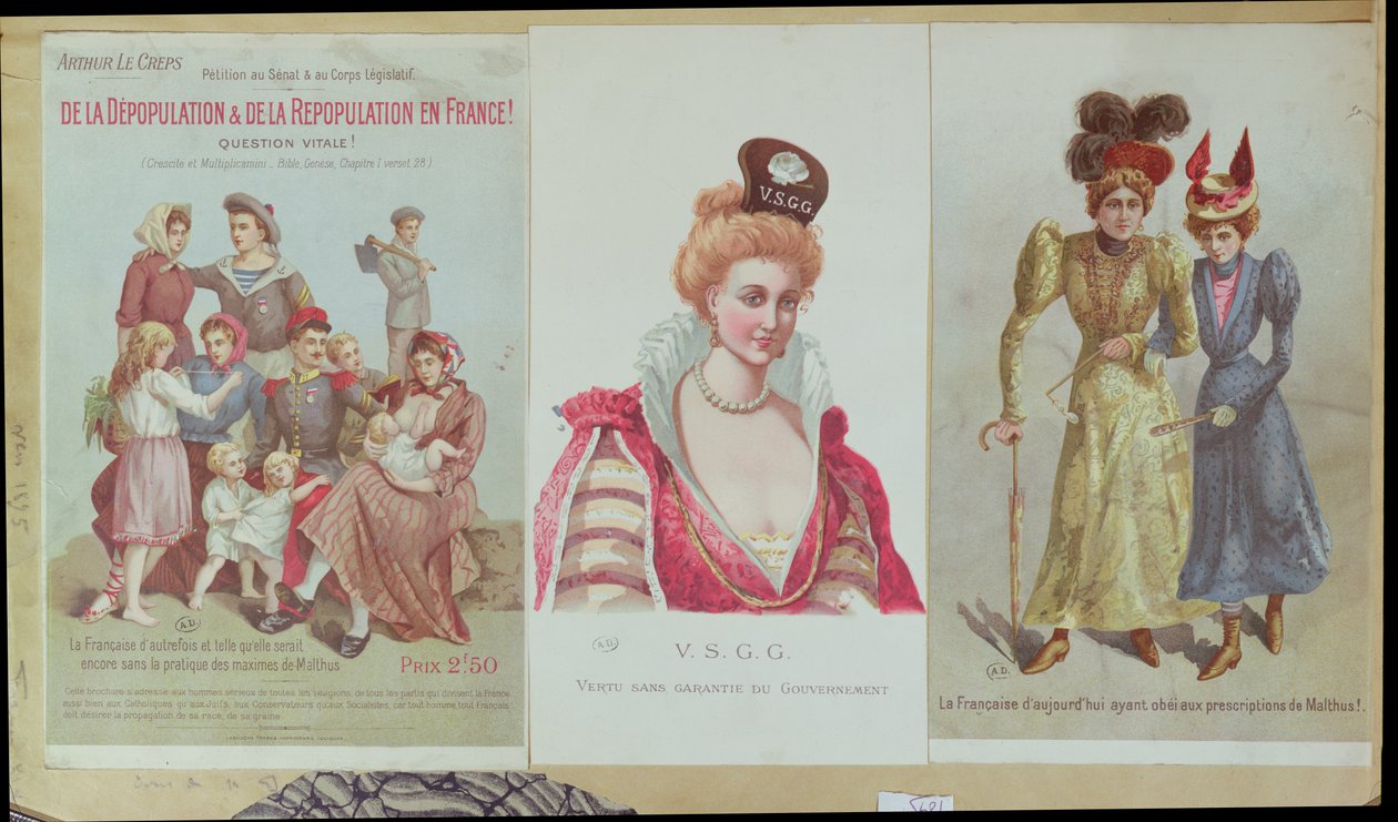 Despovoamento e repovoamento na França, brochura de Arthur Le Creps contra o Malthusianism, 1895 (gravura colorida) de French School