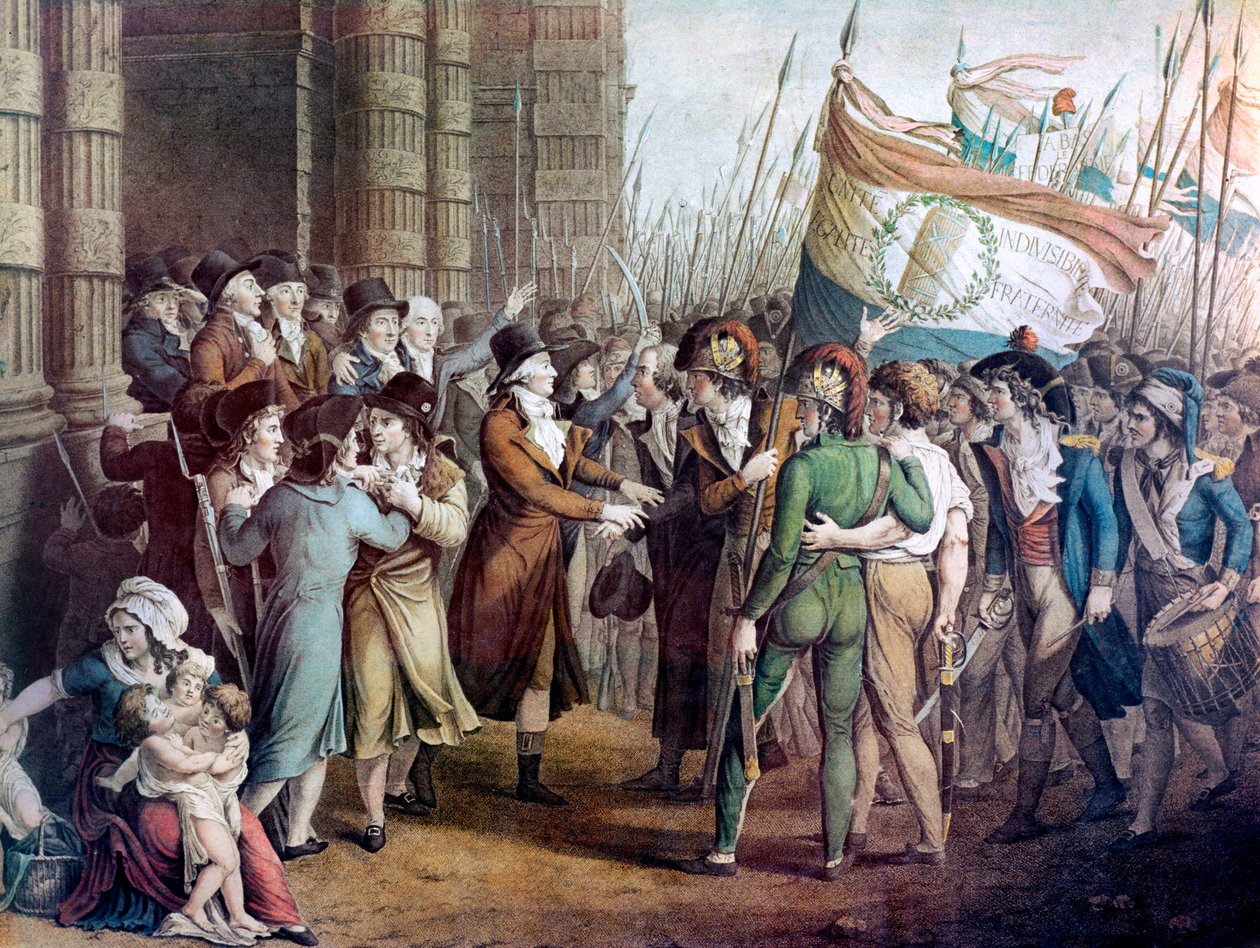 Deputados da Convenção Nacional deixando a Assembleia nas Tuileries, 31 de Maio de 1793 - "Le 31 mai 1793" - Paris, 31 de Maio de 1793: os cidadãos armados em frente aos Girondins saem da Convenção depois de terem sido espancados pelos Montagnards, no fore de French School