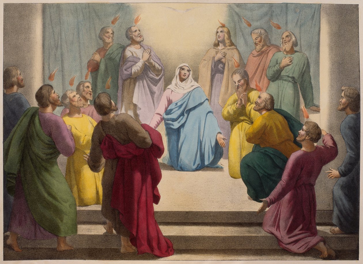 Descida do Espírito Santo, ilustração de um catecismo LHistoire Sainte, publicado por Charles Delagrave, Paris, final do século XIX de French School