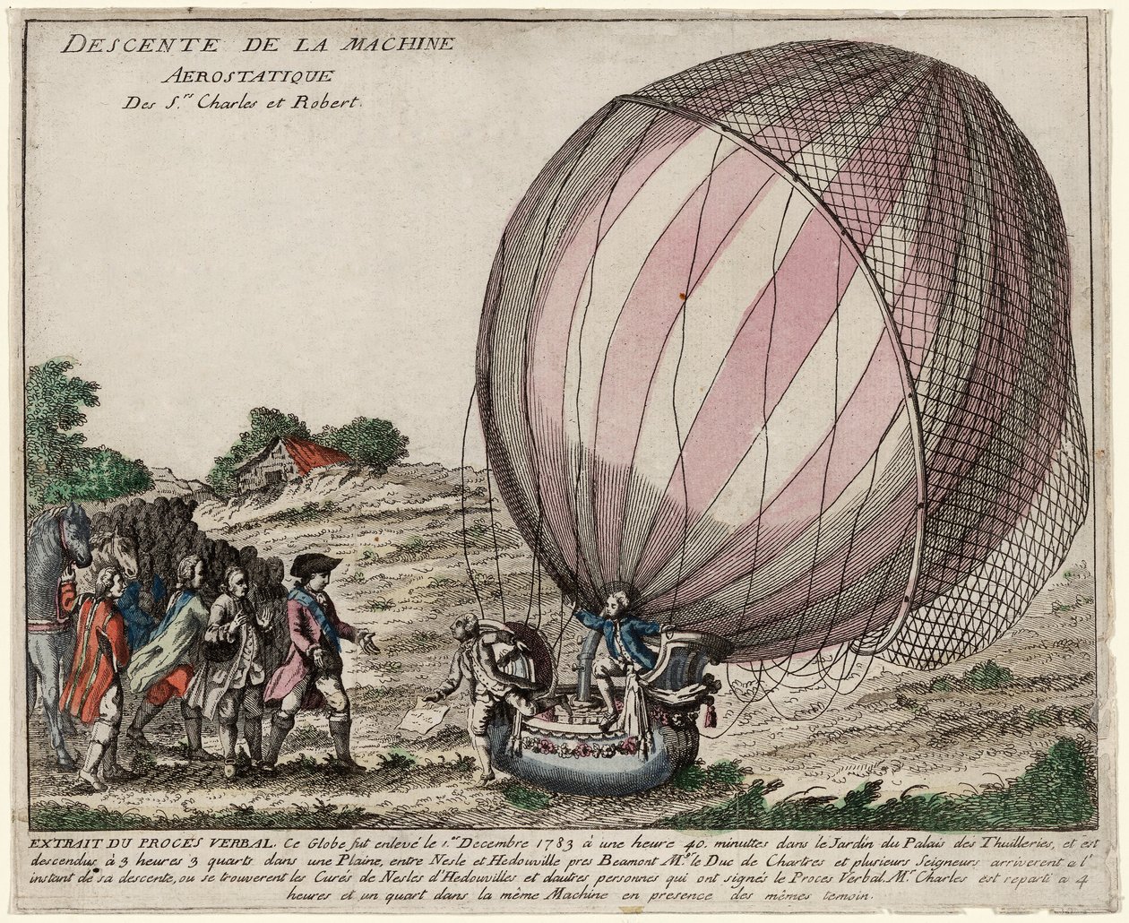 Descendência da Máquina Aerostática de Srs. Charles e Robert, pub. 1783 (gravura colorida à mão) de French School