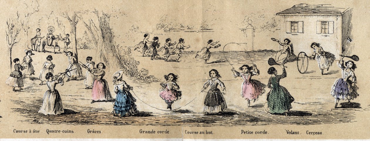 Descrição dos passatempos e jogos infantis: jogos de meninas, jogo de quatro cantos, saltar à corda, correr para a baliza, aro e volante. Placa "les jeux de l