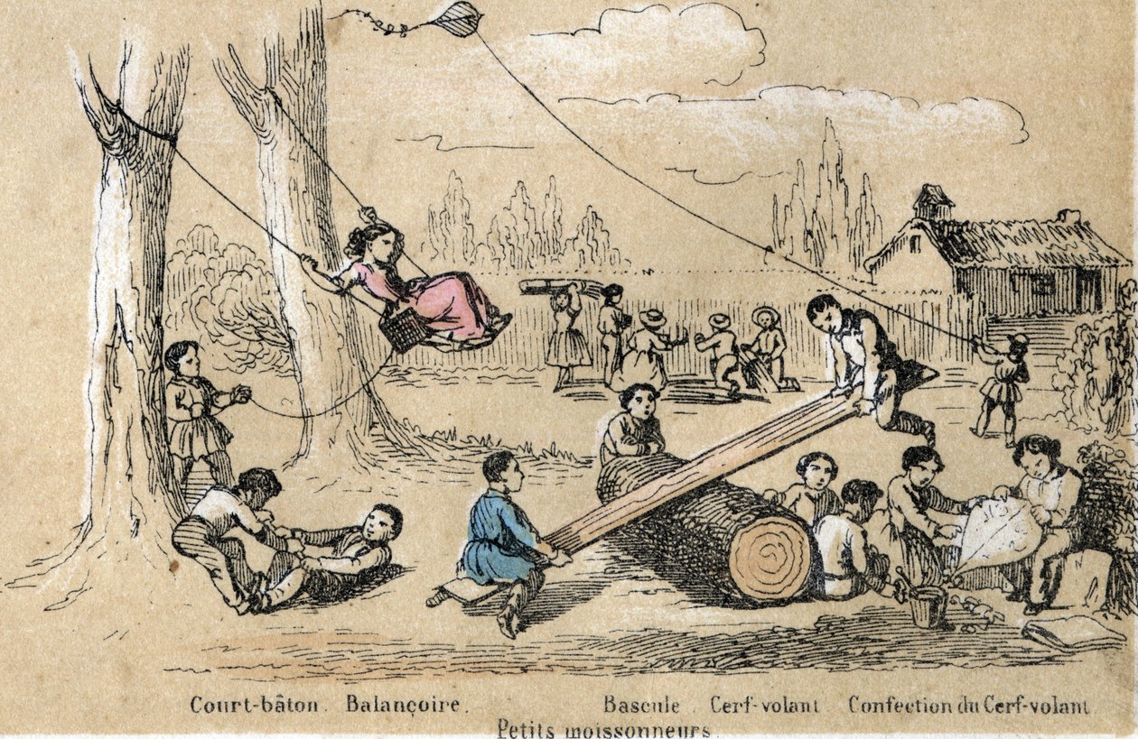 Descrição das actividades de lazer e jogos infantis: jogos ao ar livre, pau curto, baloiço, baloiço (batida de rabo) e fazer um papagaio (papagaio voador). Placa "les jeux de l