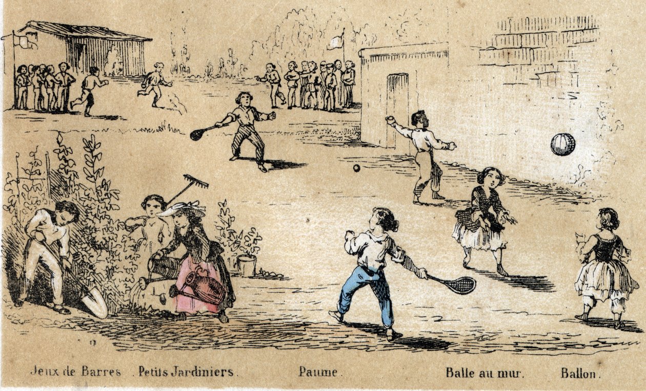 Descrição do lazer e dos jogos infantis: jogos de bola (bola para a parede, jogo de palma) e jardinagem. Placa "les jeux de l