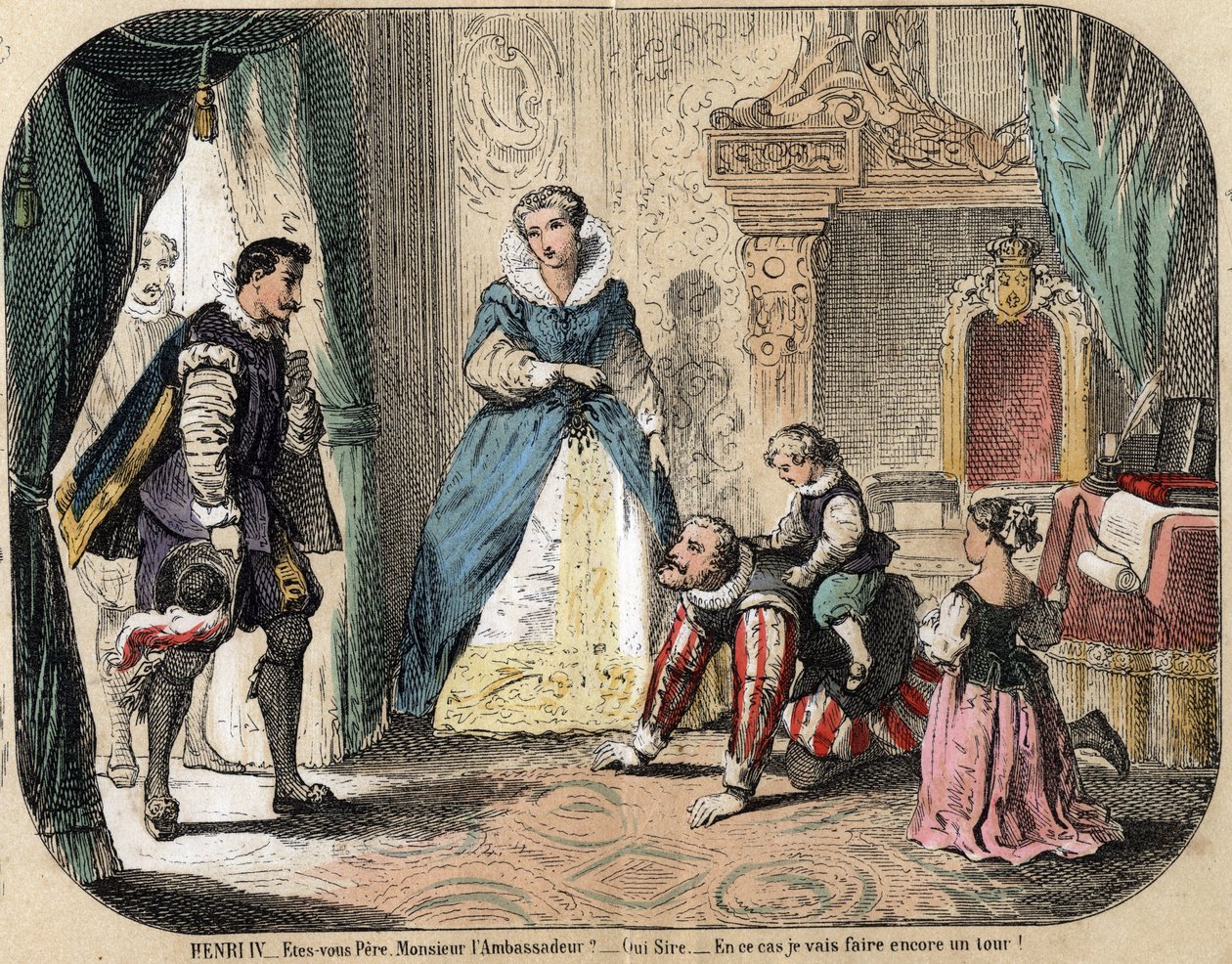 Descrição do lazer e das brincadeiras das crianças: Rei de França Henrique IV (1553-1610) brincando com seus filhos (provavelmente Luis XIII e Elisabeth da França) na frente do embaixador espanhol. A Rainha Maria de Medicis está presente. Placa "les jeux d de French School