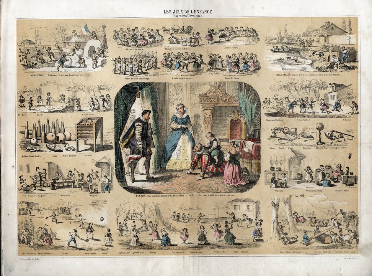 Descrição do lazer e da brincadeira das crianças: no centro, o rei Henrique IV (1553-1610) brincando com seus filhos (provavelmente Luís XIII e Elisabeth da França) em frente ao embaixador espanhol. A Rainha Maria de Medicis está presente. representação de de French School
