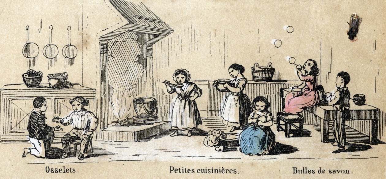 Descrição do lazer e brincadeira das crianças: jogos de interior, osseletes, meninas brincando de cozinheiro e bolhas de sabão. Placa "les jeux de l