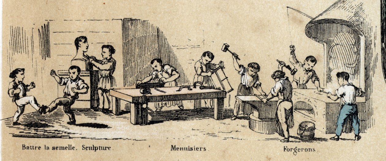 Descrição do lazer e brincadeira das crianças: aprendizagem de metiers adultos (escultor, ferreiro e carpinteiro) por meninos pequenos. Placa "les jeux de l