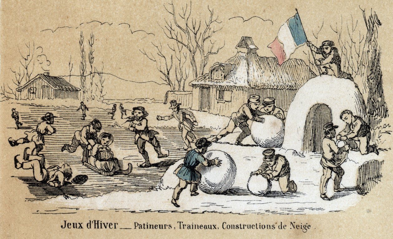 Descrição do lazer e brincadeira das crianças: jogos de inverno, patinação, trenó e construção de neve. Placa "les jeux de l
