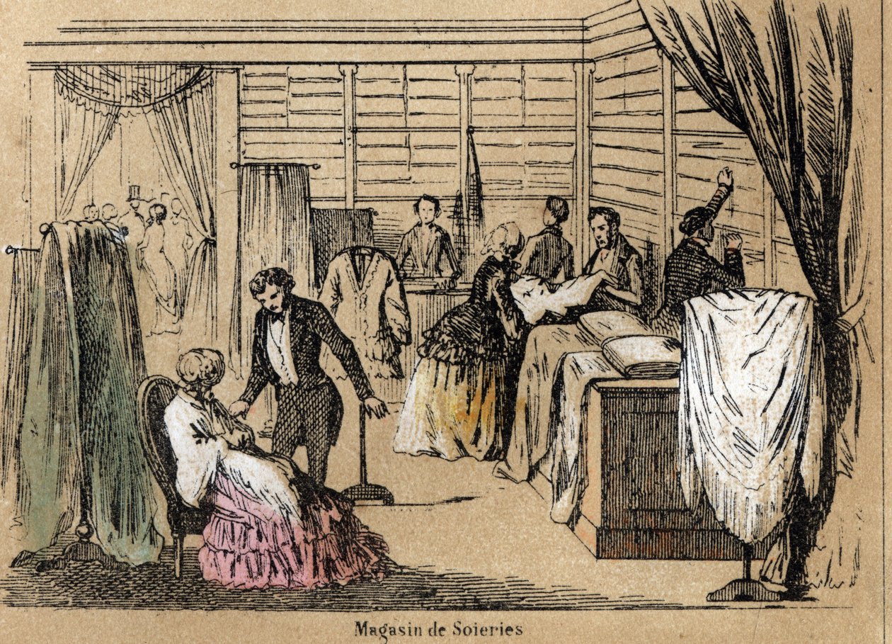 Descrição da cultura e dos produtos de seda: uma loja de seda. Placa "la soie" em "les Recreations instructives" Pintura sinóptica de Jules DELBRUCK, gravada a partir de 1860. Colecção privada. de French School