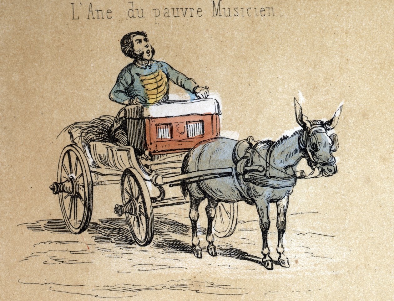 Descrição dos diferentes produtos e usos do burro: o animal acompanha o músico viajante Detalhe da tábua "O burro e seus produtos" em "as Recreações instrutivas" Pintura sinóptica de Jules DELBRUCK, gravada a partir de 1860. Privado de French School