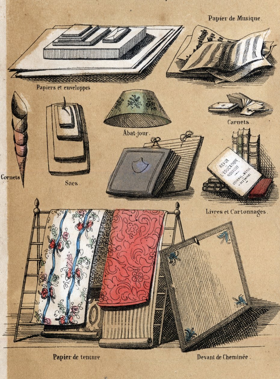 Descrição dos diferentes produtos e usos do papel: diferentes objetos feitos de papel (envelopes, partituras, bolsas, abajures (abajures), cadernos e livros, papel de parede. Placa "Le papier et ses produits" em "les Recreations instructives" Syno de French School