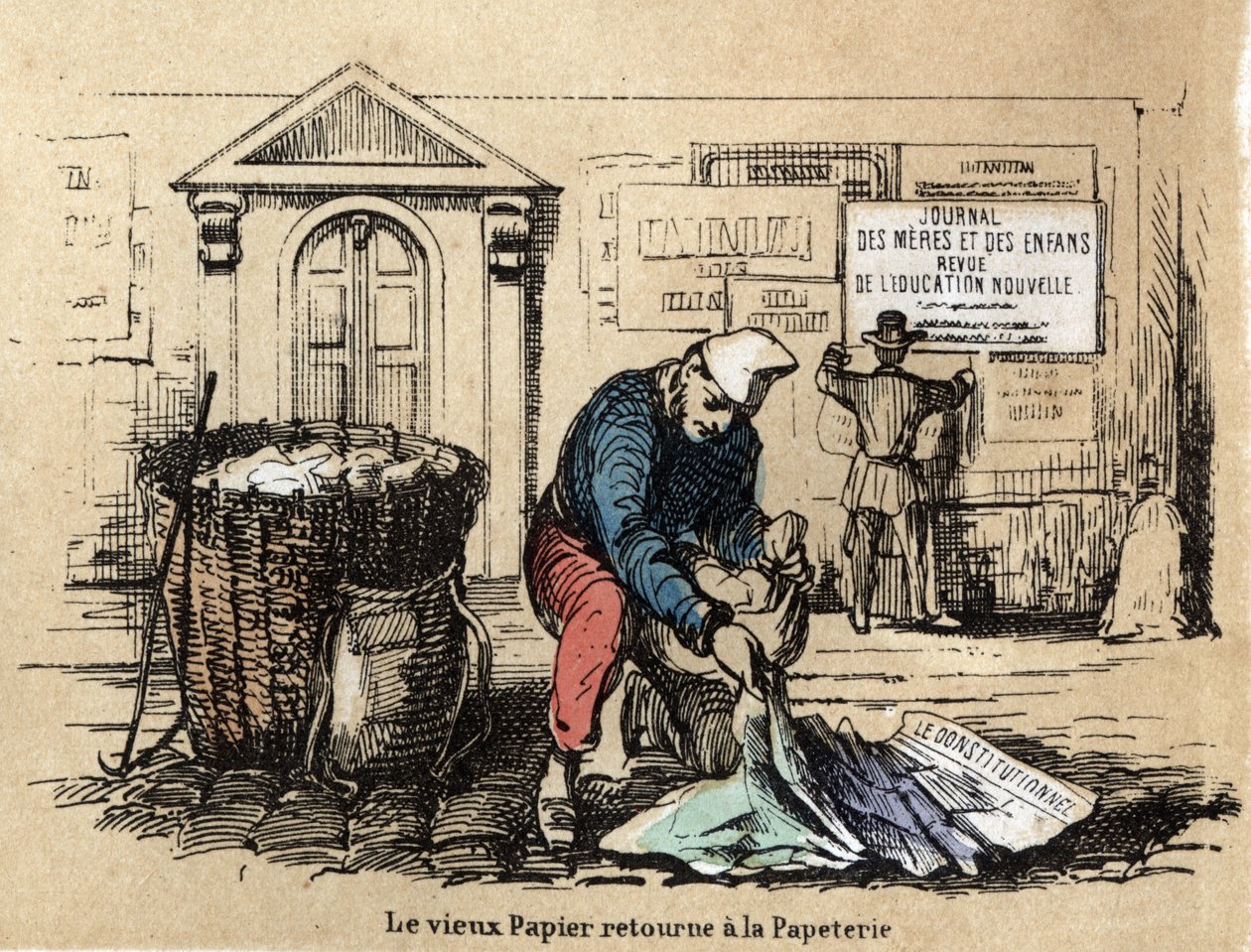 Descrição dos diferentes produtos e usos do papel: o papel velho é apanhado para se tornar um trapo novamente. Placa "Le papier et ses produits" em "les Recreations instructives" Pintura sinóptica de Jules Delbruck, gravada a partir de 1860. Colecção priva de French School