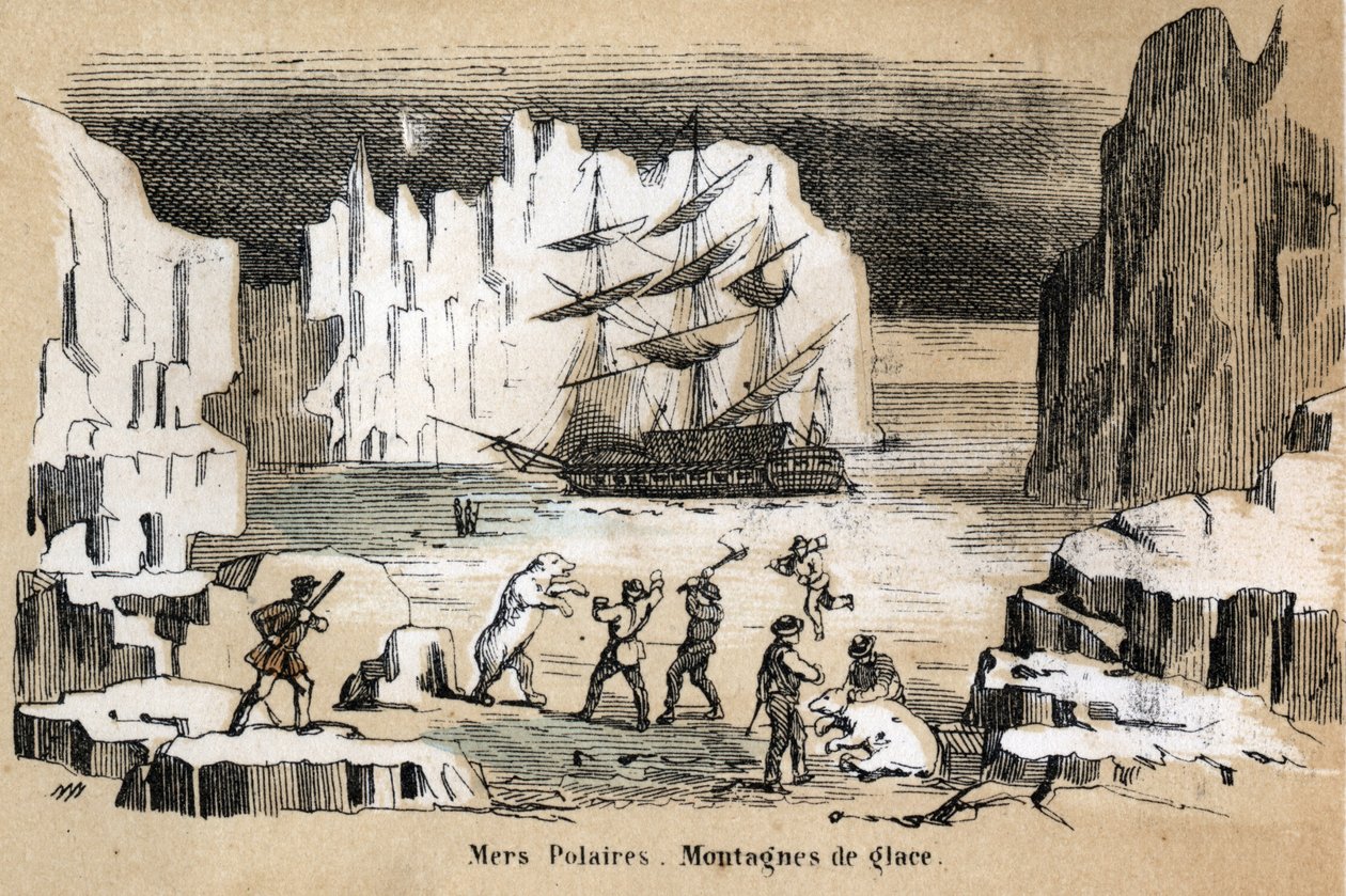 Descrição dos diferentes tipos de paisagens e relevos de acordo com a geografia: detalhe representando uma paisagem árctica com ursos polares, icebergs. Placa "Geografia Física" em "les Recreations instructives" Pintura sinóptica de Jules DELBRUCK, pt de French School