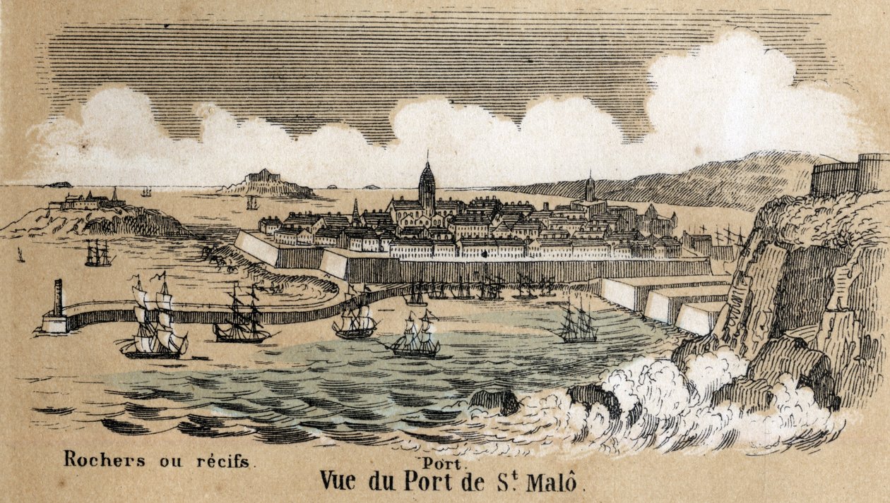 Descrição dos diferentes tipos de paisagens e relevos de acordo com a geografia: detalhe retratando o porto de Saint Malo (Saint-Malo) na Bretanha. Placa "Geografia Física" em "les Recreations instructives" Pintura sinóptica de Jules DELBRUCK, e de French School