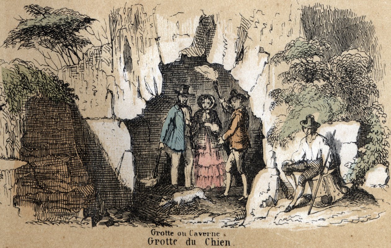 Descrição dos diferentes tipos de paisagens e relevos em função da geografia: detalhe representando os visitantes na gruta do cão. Placa "Geografia Física" em "les Recreations instructives" Pintura sinóptica de Jules DELBRUCK, gravura a partir de 18 de French School