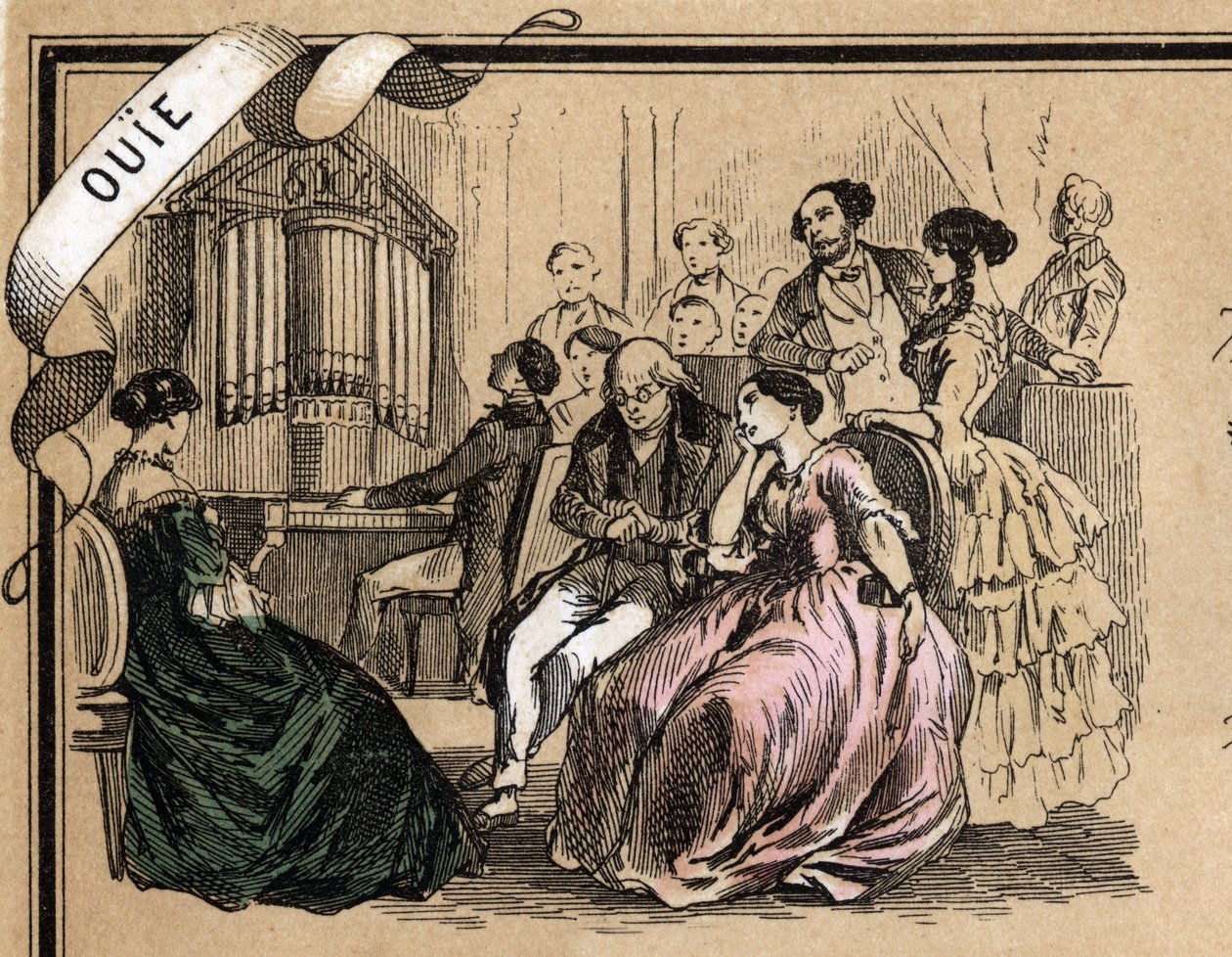 Descrição dos cinco sentidos: detalhe da audição, um concerto de música durante uma noite social. Placa "Les cinq sens" em "les Recreations instructives" Pintura sinóptica de Jules Delbruck, gravada a partir de 1860. Coleção particular. de French School