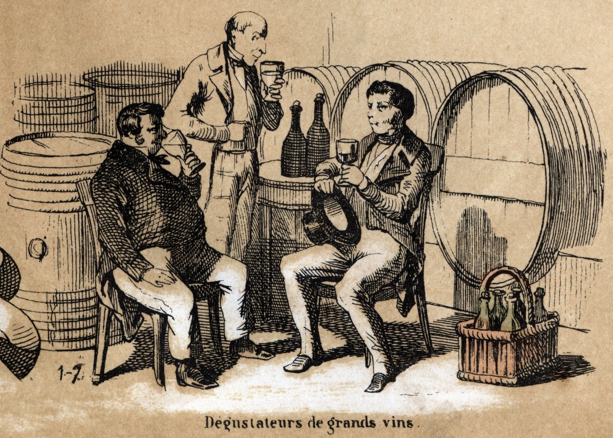 Descrição dos cinco sentidos: o detalhe do paladar, os provadores de vinhos finos nos copos de paladar de developpe em uma adega. Placa "Les cinq sens" em "les Recreations instructives" Pintura sinóptica de Jules Delbruck, gravada a partir de 1860. Pri de French School