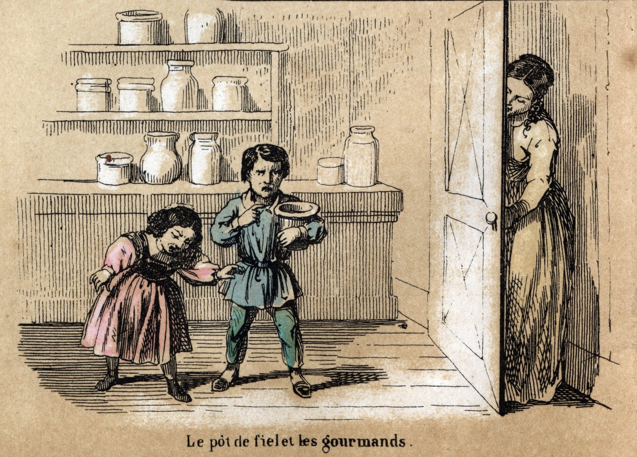 Descrição dos cinco sentidos: detalhe do gosto, duas crianças gananciosas presas pela mãe que esconde um pote com sabor amargo entre os outros potes de açúcar. Placa "Les cinq sens" em "les Recreations instructives" Pintura sinóptica de Jules Delbru de French School