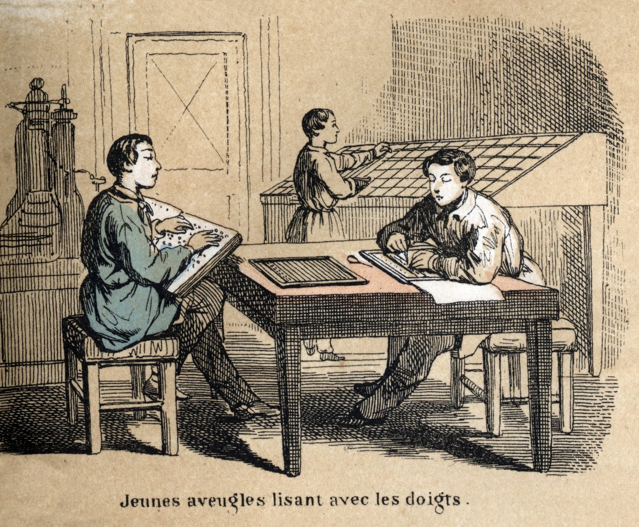 Descrição dos cinco sentidos: detalhe do tacto, os jovens cegos usam o tacto para decifrar textos através do alfabeto Braille, um sistema de escrita táctil. Placa "Les cinq sens" em "les Recreations instructives" Pintura sinóptica de Jules Delbruck, grav de French School