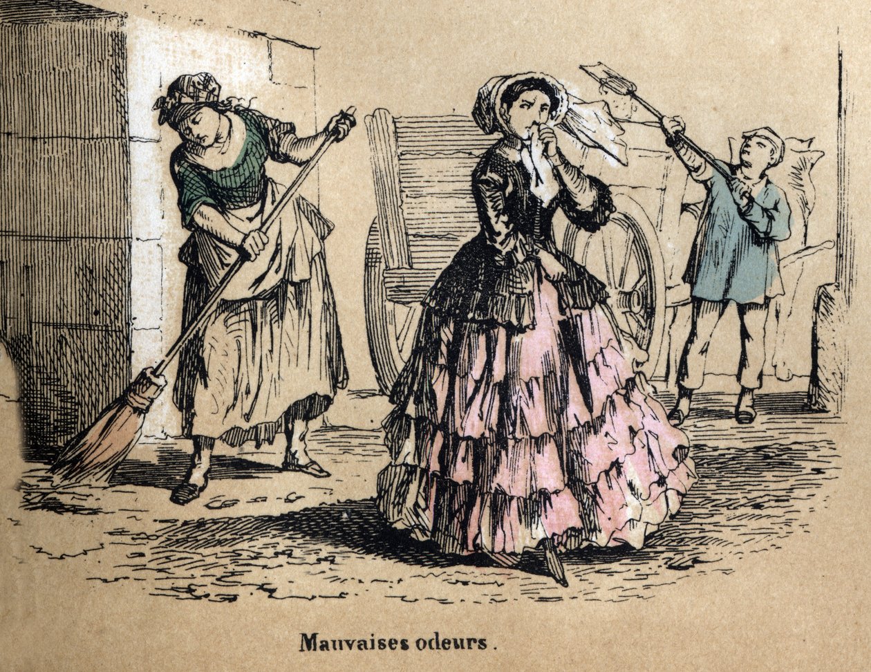 Descrição dos cinco sentidos: olfato, uma burguesa entupindo as narinas para não sentir o mau cheiro de esterco e esterco. Placa "Les cinq sens" em "les Recreations instructives" Pintura sinóptica de Jules Delbruck, gravada a partir de 1860. Particular de French School