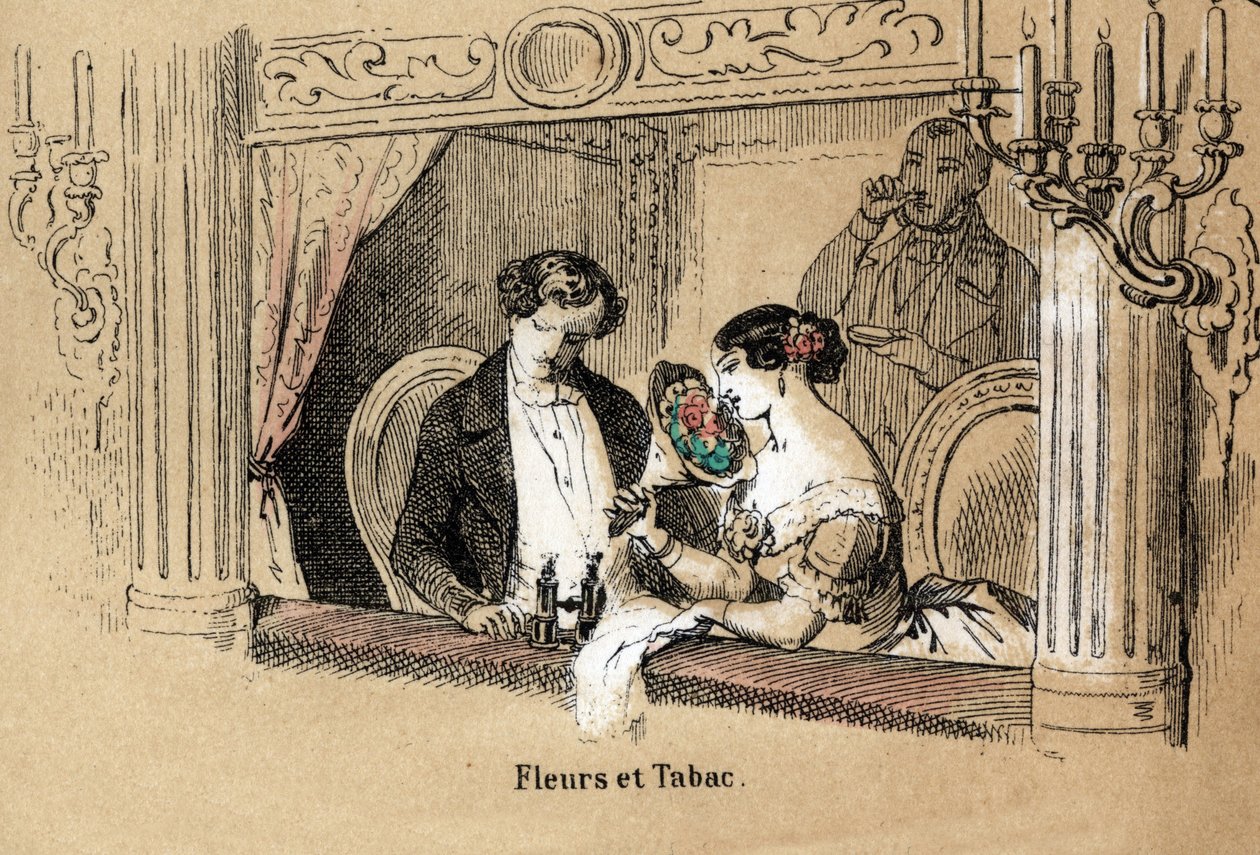 Descrição dos cinco sentidos: olfacto, espectadores num hotel de ópera, banhados pelo perfume de flores e tabaco. Placa "Les cinq sens" em "les Recreations instructives" Pintura sinóptica de Jules Delbruck, gravada a partir de 1860. Coleção privada de French School