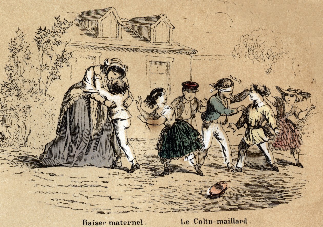 Descrição dos cinco sentidos: o toque, uma mãe abraçando seu filho para o contato materno e o jogo do colina-aldeia. Placa "Les cinq sens" em "les Recreations instructives" Pintura sinóptica de Jules Delbruck, gravada a partir de 1860. Particular de French School
