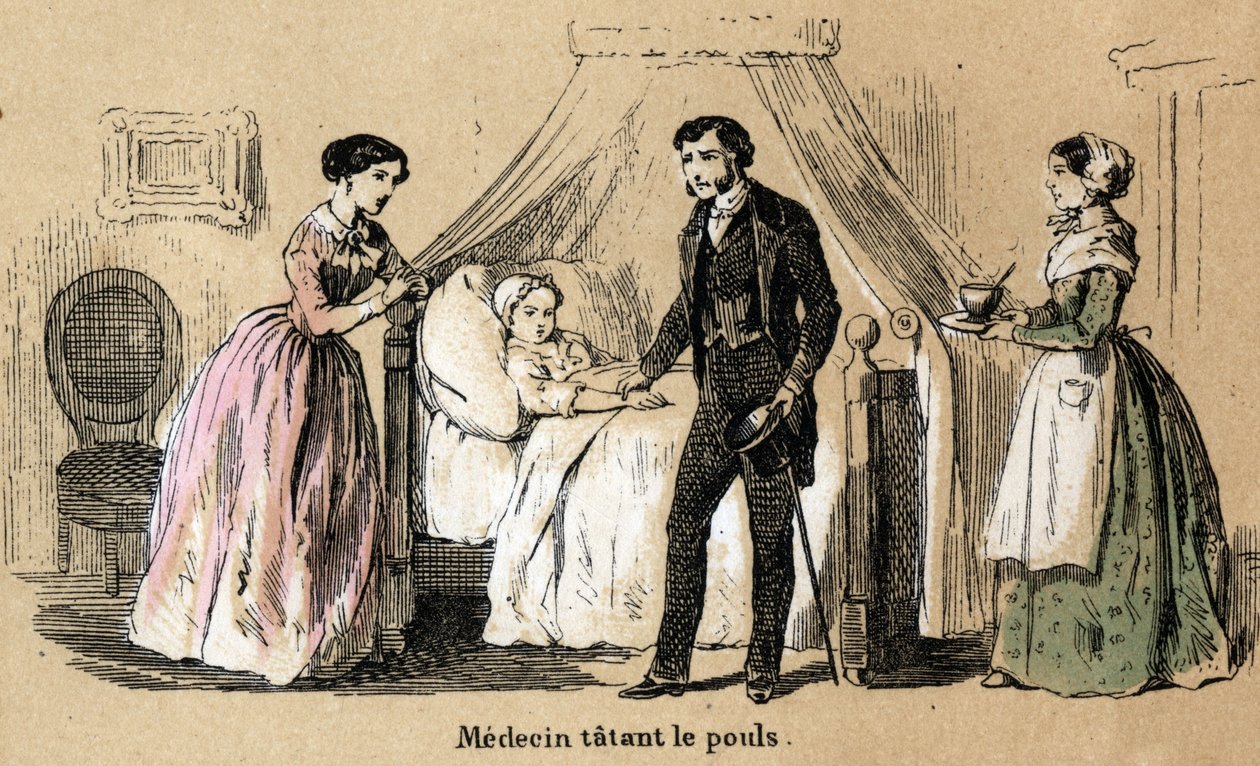 Descrição dos cinco sentidos: toque, um médico a tatuar o pulso de uma rapariga doente. Placa "Les cinq sens" em "les Recreations instructives" Pintura sinóptica de Jules Delbruck, gravada a partir de 1860. Coleção particular. de French School