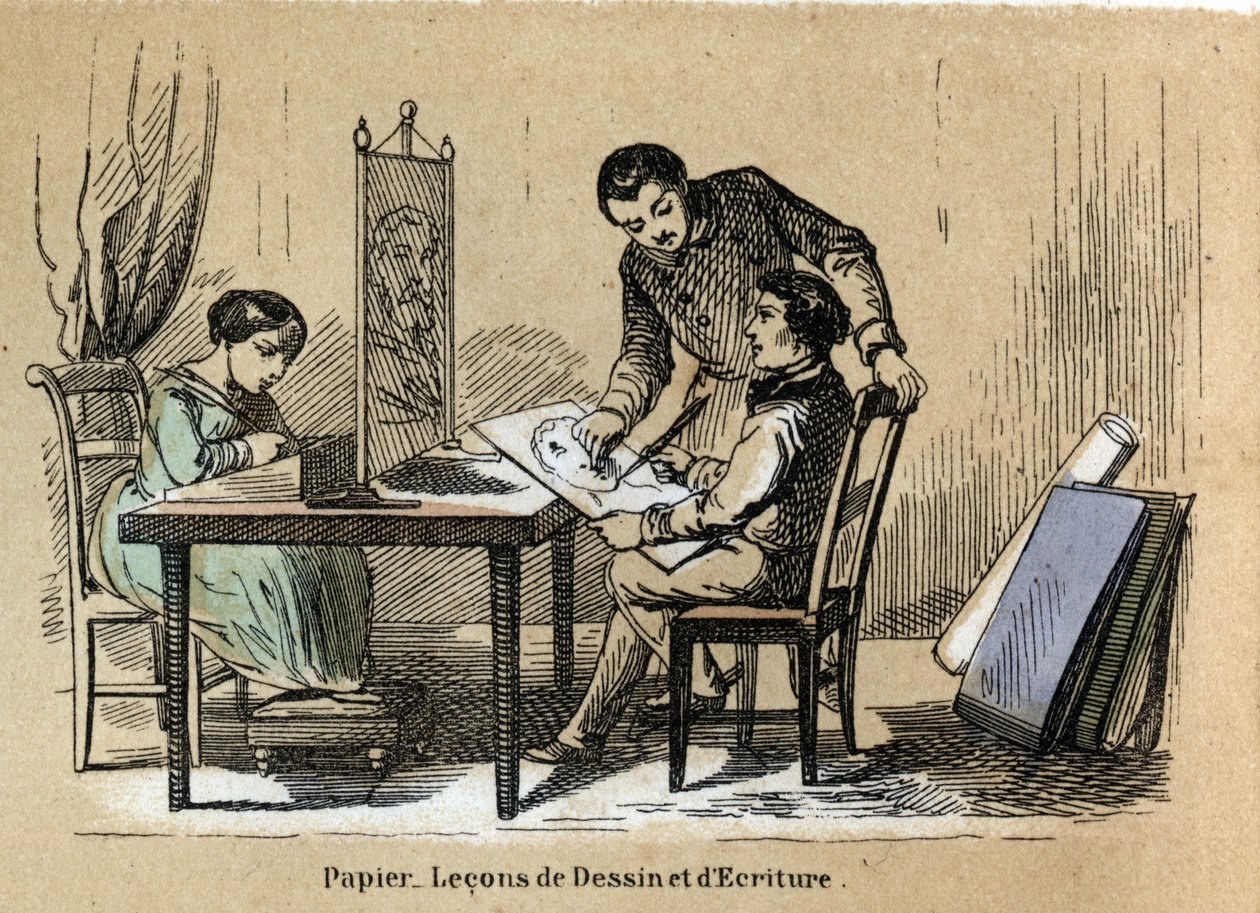Descrição dos vários produtos e usos do papel: um tribunal de desenho e escrita. Placa "Le papier et ses produits" em "les Recreations instructives" Pintura sinóptica de Jules Delbruck, gravada a partir de 1860. Colecção privada. de French School