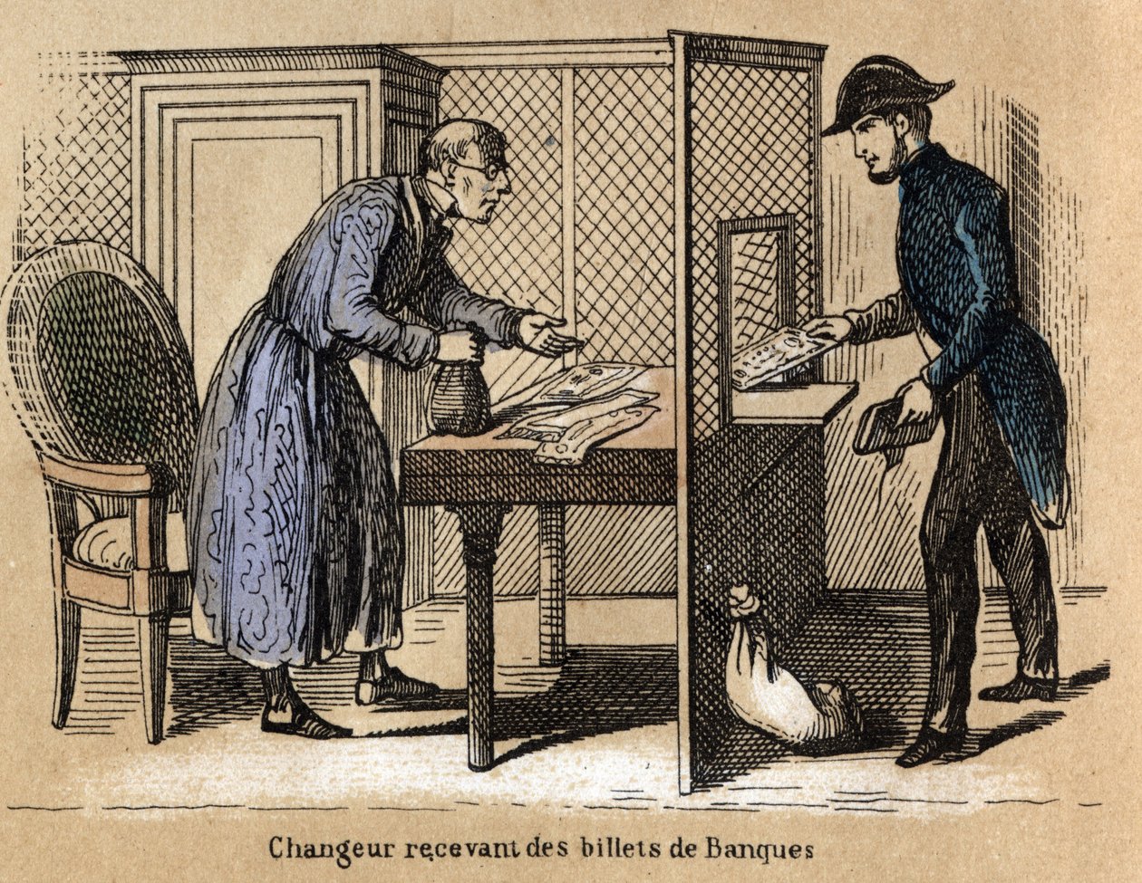 Descrição dos vários produtos e utilizações do papel: uma transacção no banco, um banqueiro recebe notas de papel. Placa "Le papier et ses produits" em "les Recreations instructives" Pintura sinóptica de Jules Delbruck, gravada a partir de 1860. Priva de French School