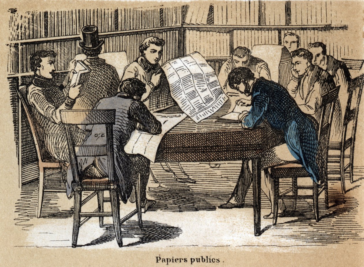 Descrição dos vários produtos e usos do papel: leitura de jornais públicos (jornais). Placa "Le papier et ses produits" em "les Recreations instructives" Pintura sinóptica de Jules Delbruck, gravada a partir de 1860. Coleção privada. de French School