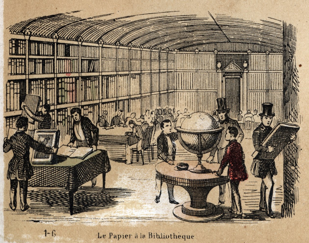 Descrição dos vários produtos e usos do papel: vista de uma biblioteca contendo obras em papel. Placa "Le papier et ses produits" em "les Recreations instructives" Pintura sinóptica de Jules Delbruck, gravada a partir de 1860. Colecção privada. de French School