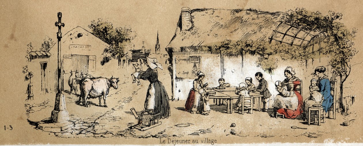 Descrição dos vários produtos e usos da vaca: cenário da vida quotidiana de uma aldeia. Placa "La coache et ses produits" em "les Recreations instructives" Pintura sinóptica de Jules DELBRUCK, gravada a partir de 1860. Coleção particular. de French School