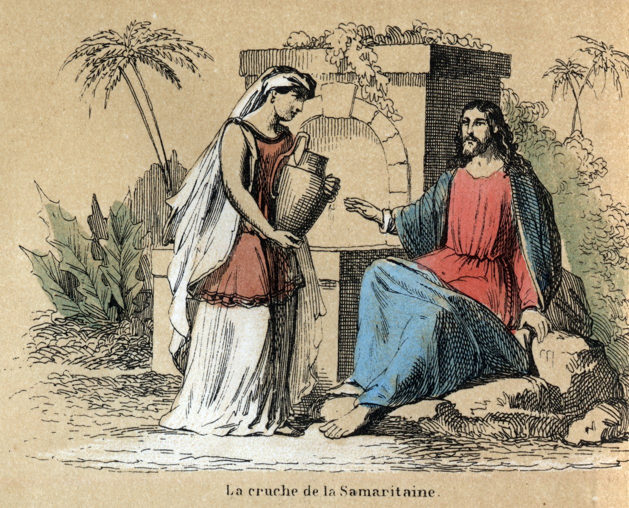Descrição das várias etapas de fabricação e usos do barro: Jesus e Samaritano carregando um jarro de barro na Bíblia. Placa "O barro e seus produtos" em "Les Recreations instructives" Pintura sinóptica de Jules DELBRUCK, gravada a partir de 1860. Particula de French School