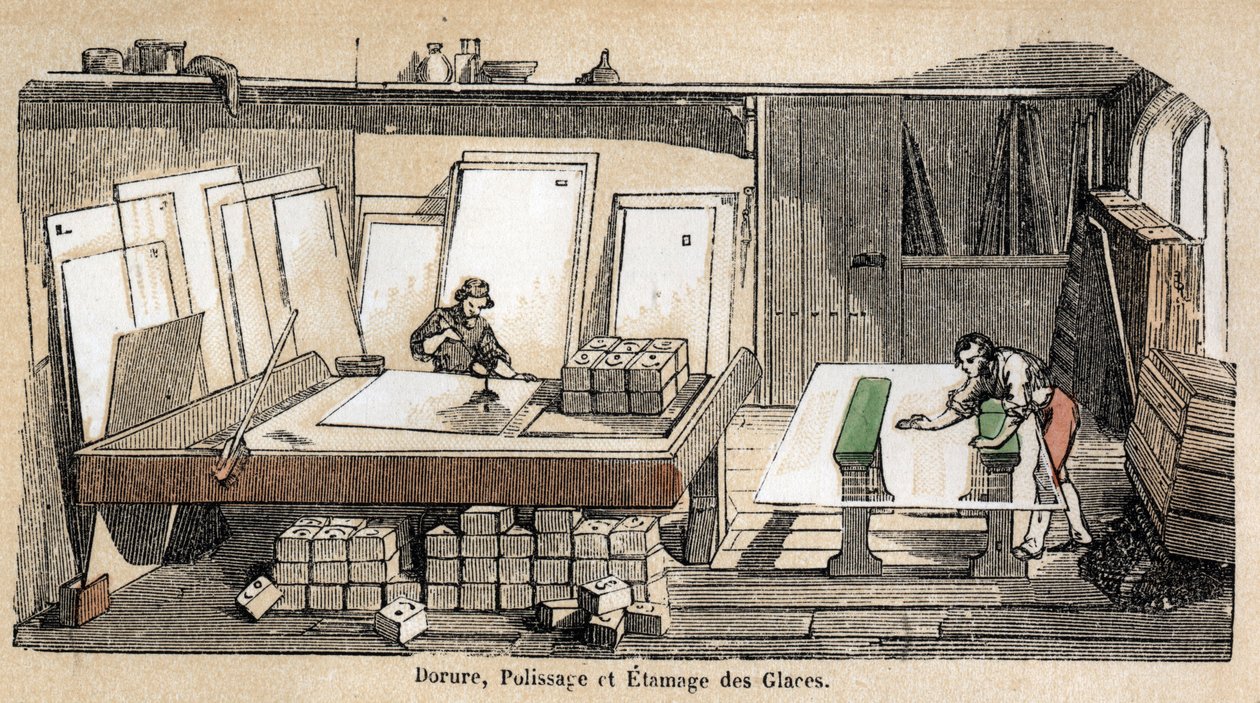 Descrição das diferentes fases de fabrico e utilização do vidro: oficina de douradura, polimento e estampagem do vidro. Placa "Vidro e seus produtos" em "Les Recreations instructives" Pintura sinóptica de Jules DELBRUCK, gravura a partir de 1860. Pri de French School